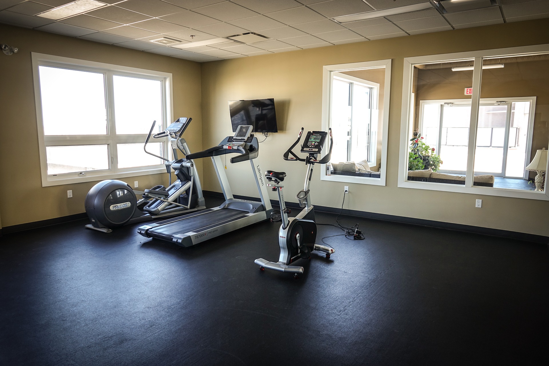 Treadmill, spin bike, and elliptical