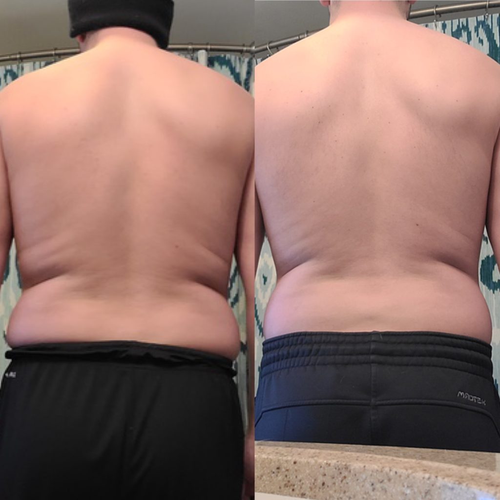 Before/after shot of Pierce's weight loss transformation