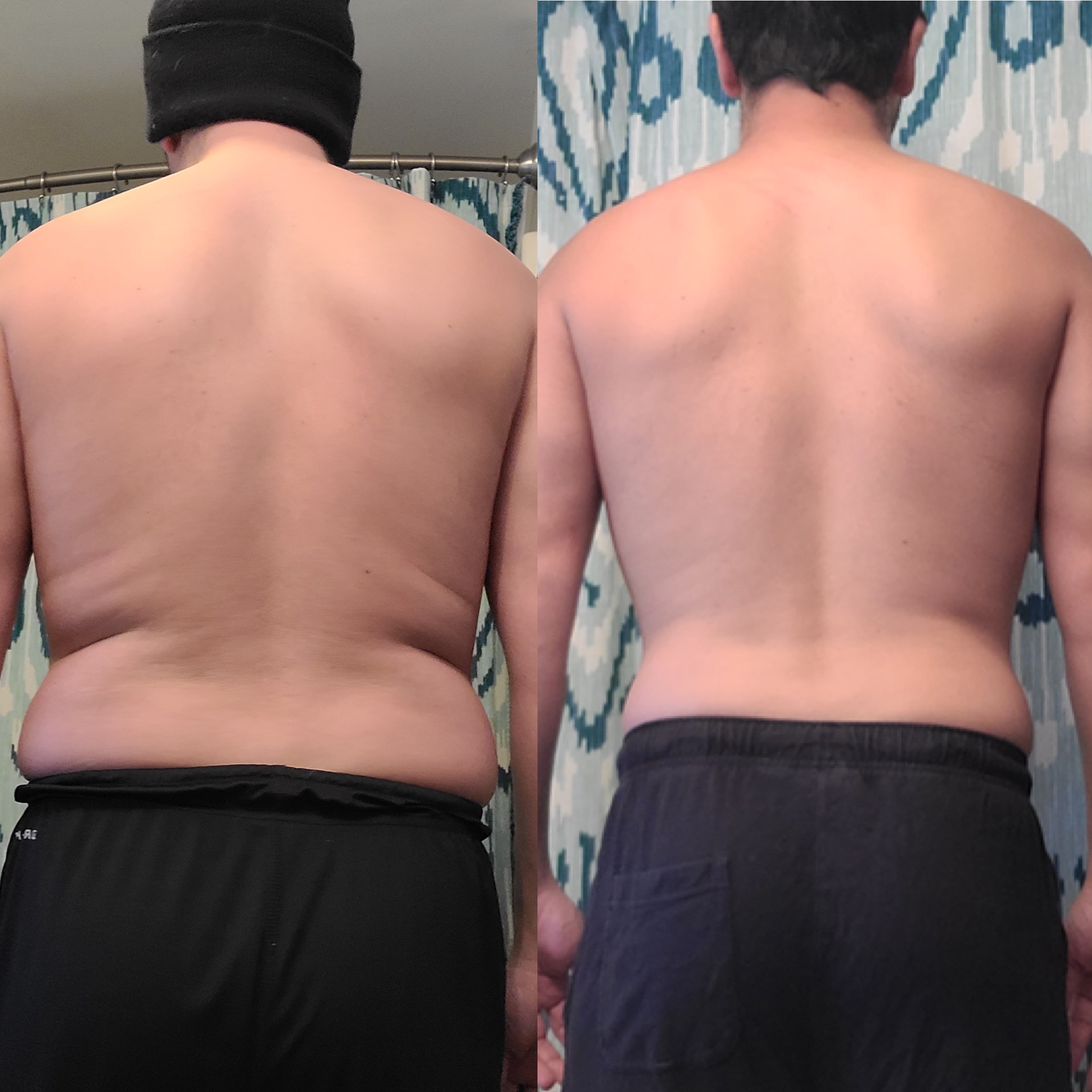 Two photos from the rear comparing Pierce's starting body composition to his final body composition.