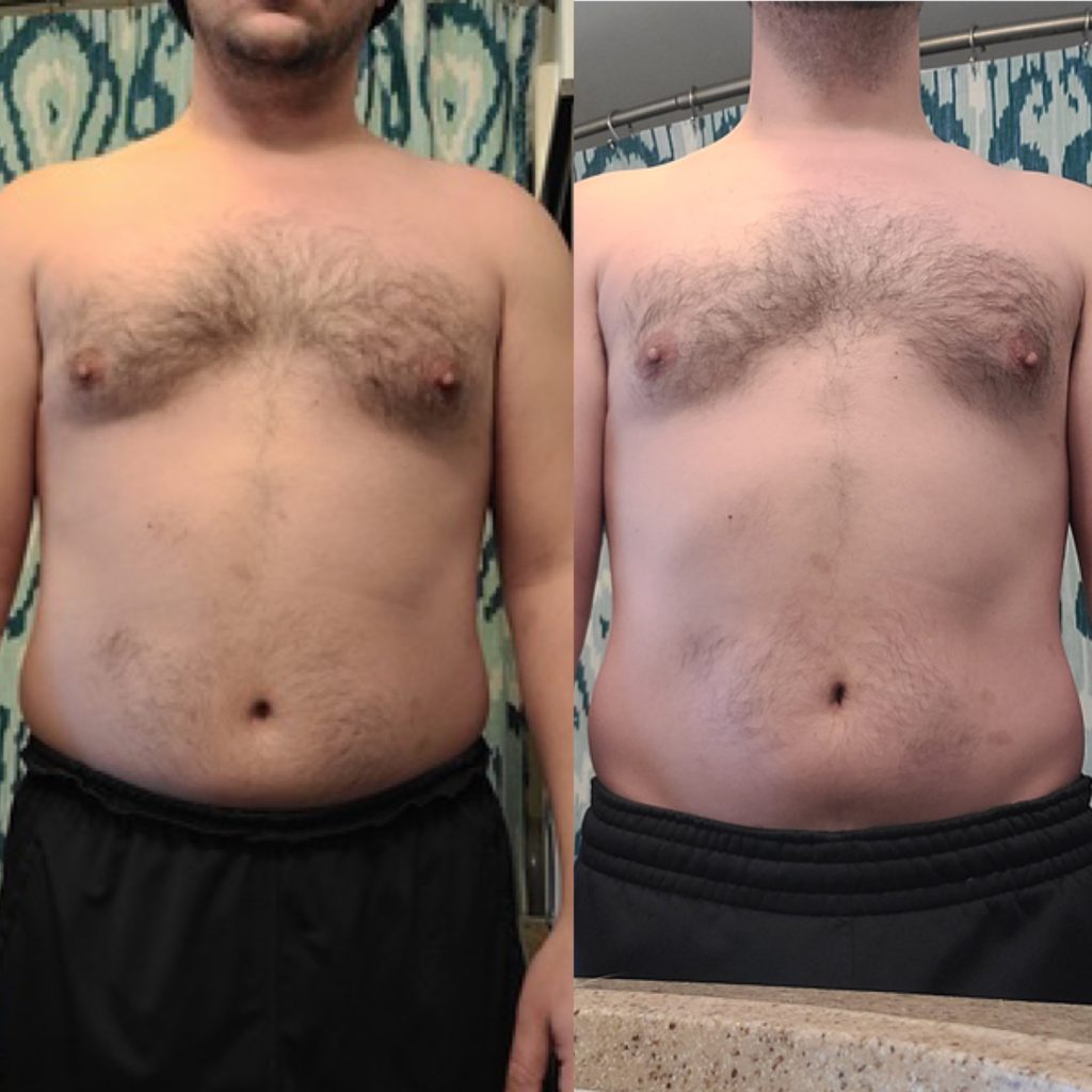 Before/after shot of Pierce's weight loss transformation