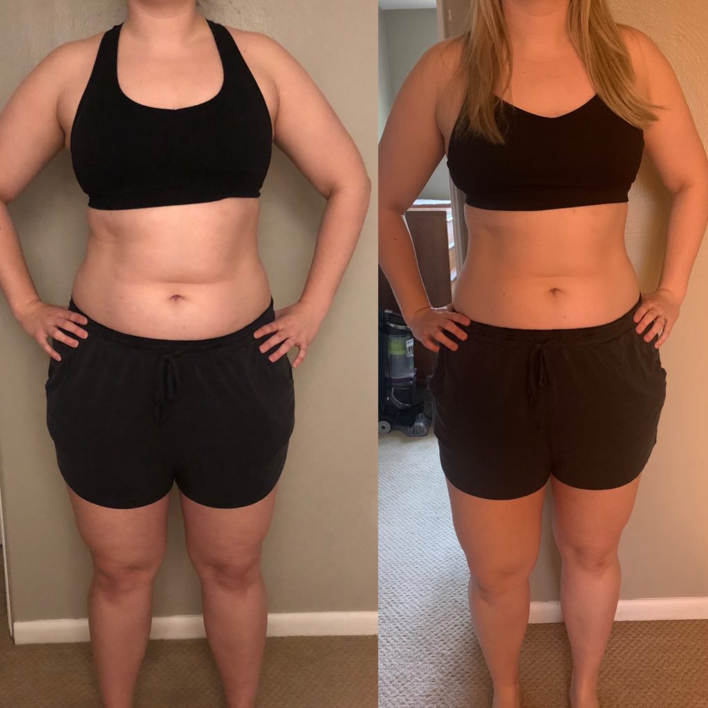 Before and after images of Lauren's body recomposition from the front