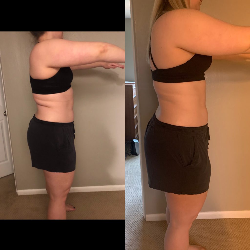 Before and after images of Lauren's body recomposition from the side