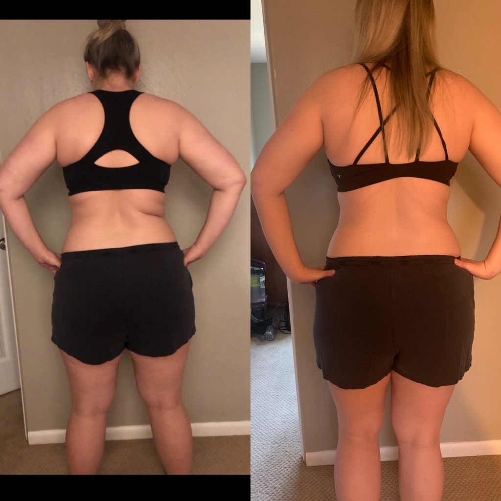 Before and after images of Lauren's body recomposition from the back