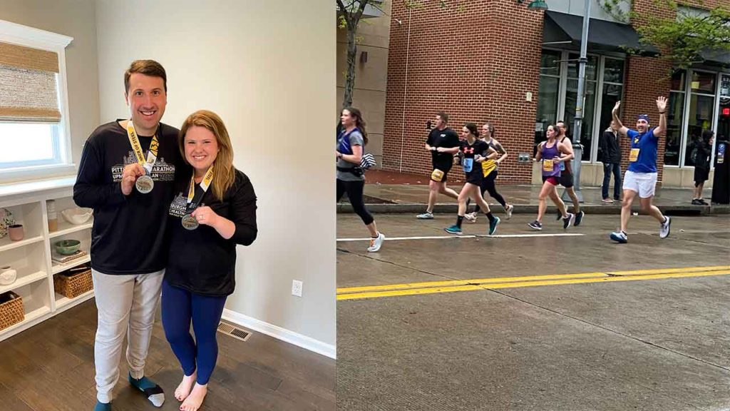 Justin running a half marathon and posing with his medal.